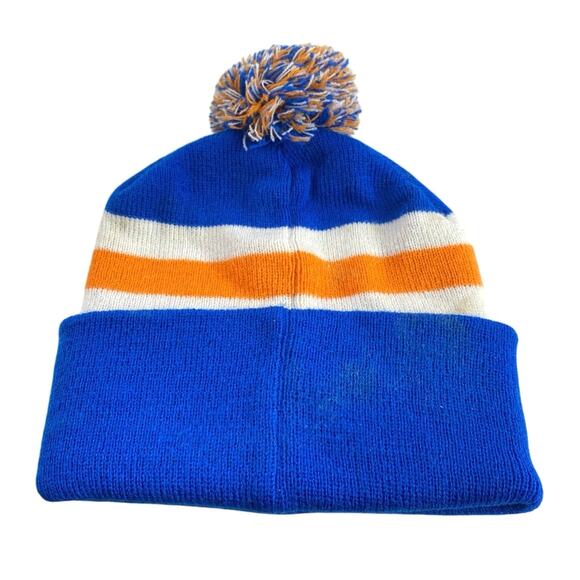 New York Knicks NBA Blue Orange Striped Knit Logo Pompom Beanie Cap Hat One Size - Picture 2 of 3